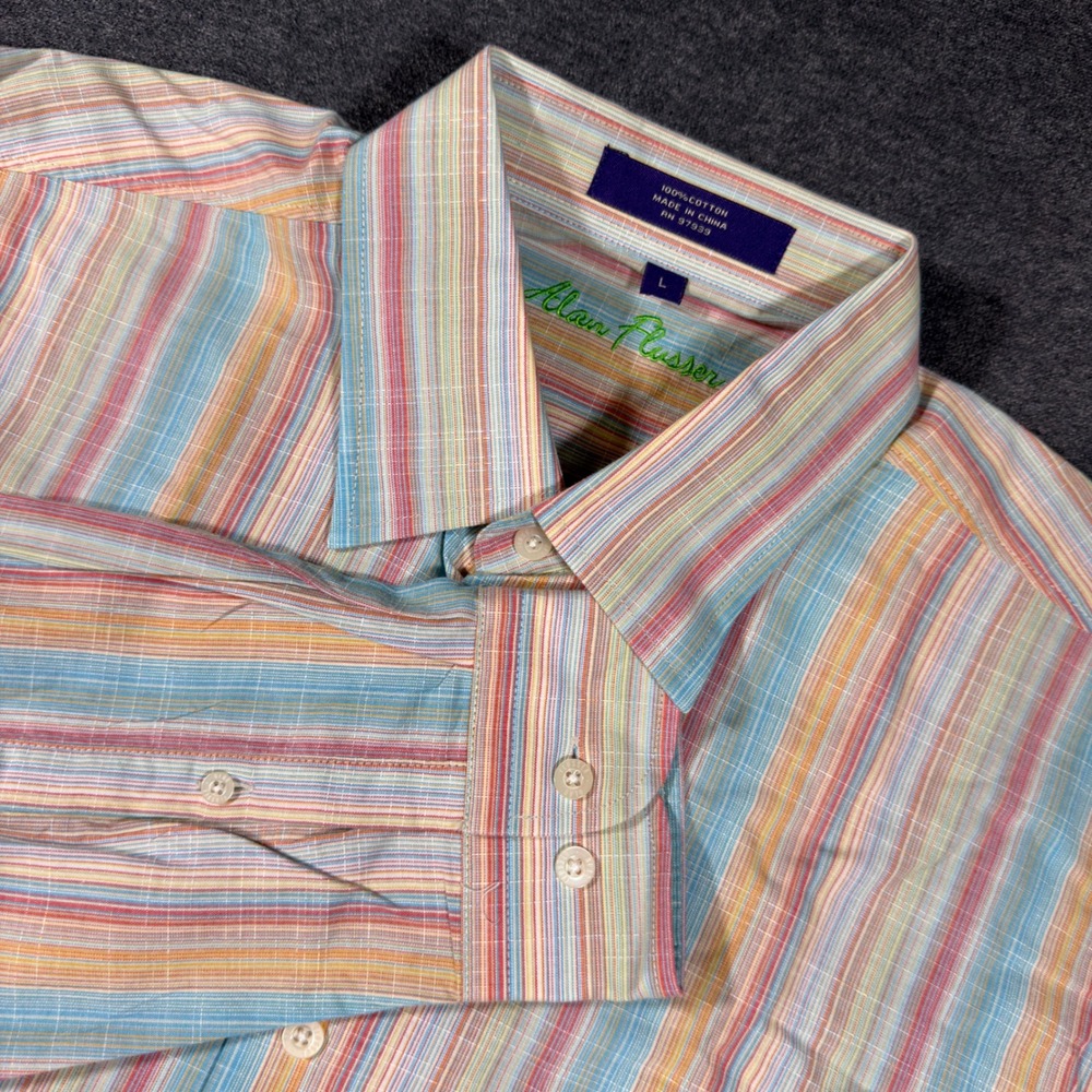 Alan Flusser Button Up Shirt Mens L Multicolor Striped Long Sleeve Cotton